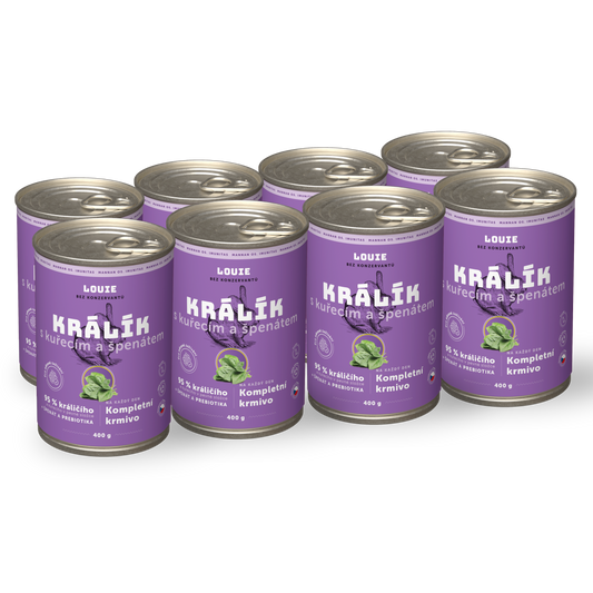 Výhodné balení 8 ks - Králík s kuřecím, se špenátem a prebiotikami 400g